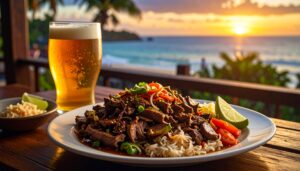 フィリピンの料理シシグと地元ビールサンミゲルの食卓